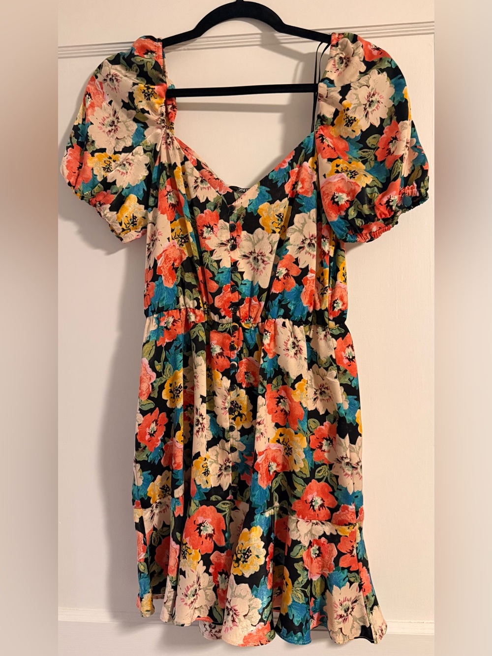 Zara Black Floral V-Neck Dress with Coral and Teal Accents